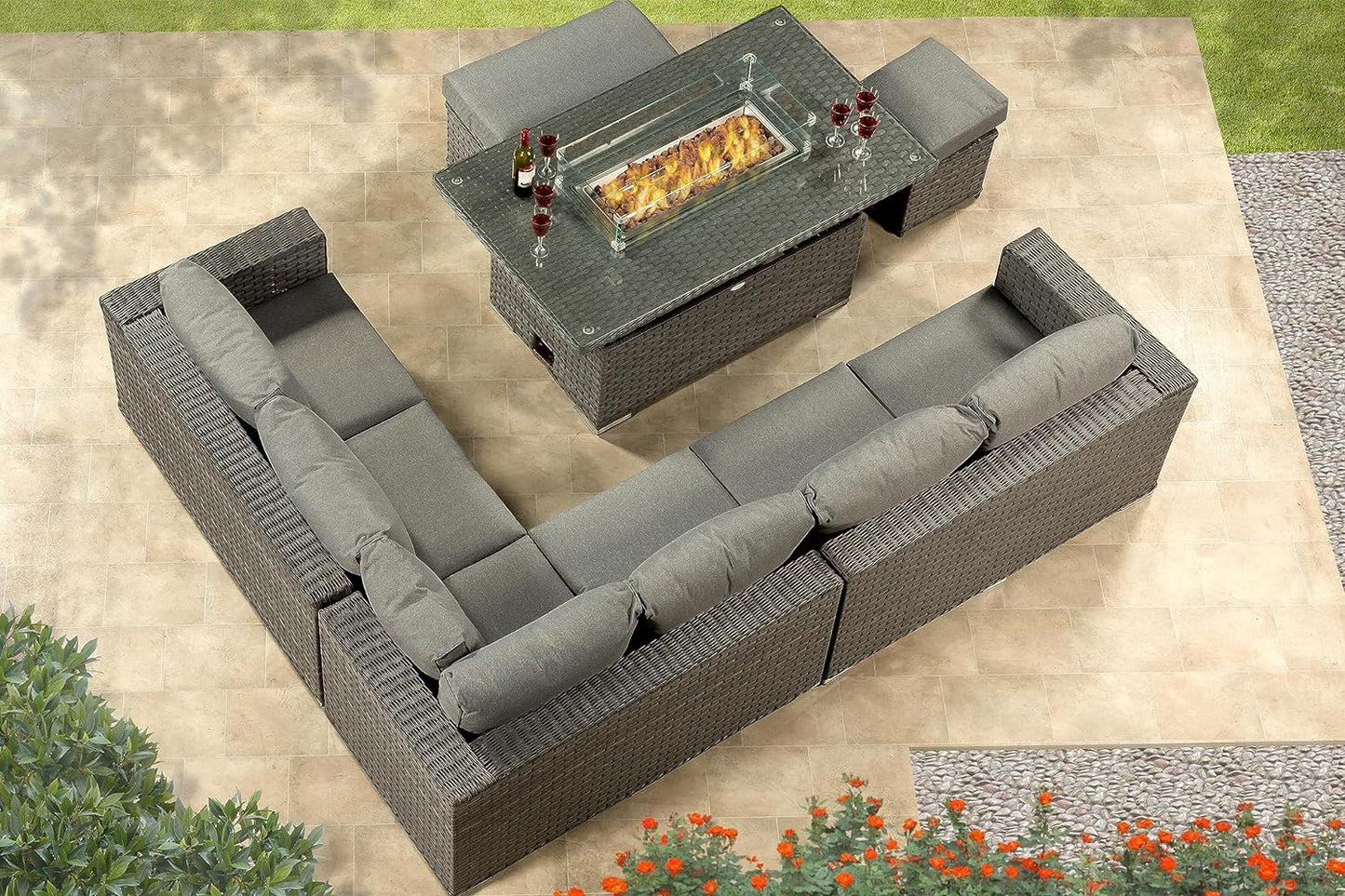 Cambridge Corner Fire Pit Set with Height Adjustable Table – grey. End of May/ June delivery.