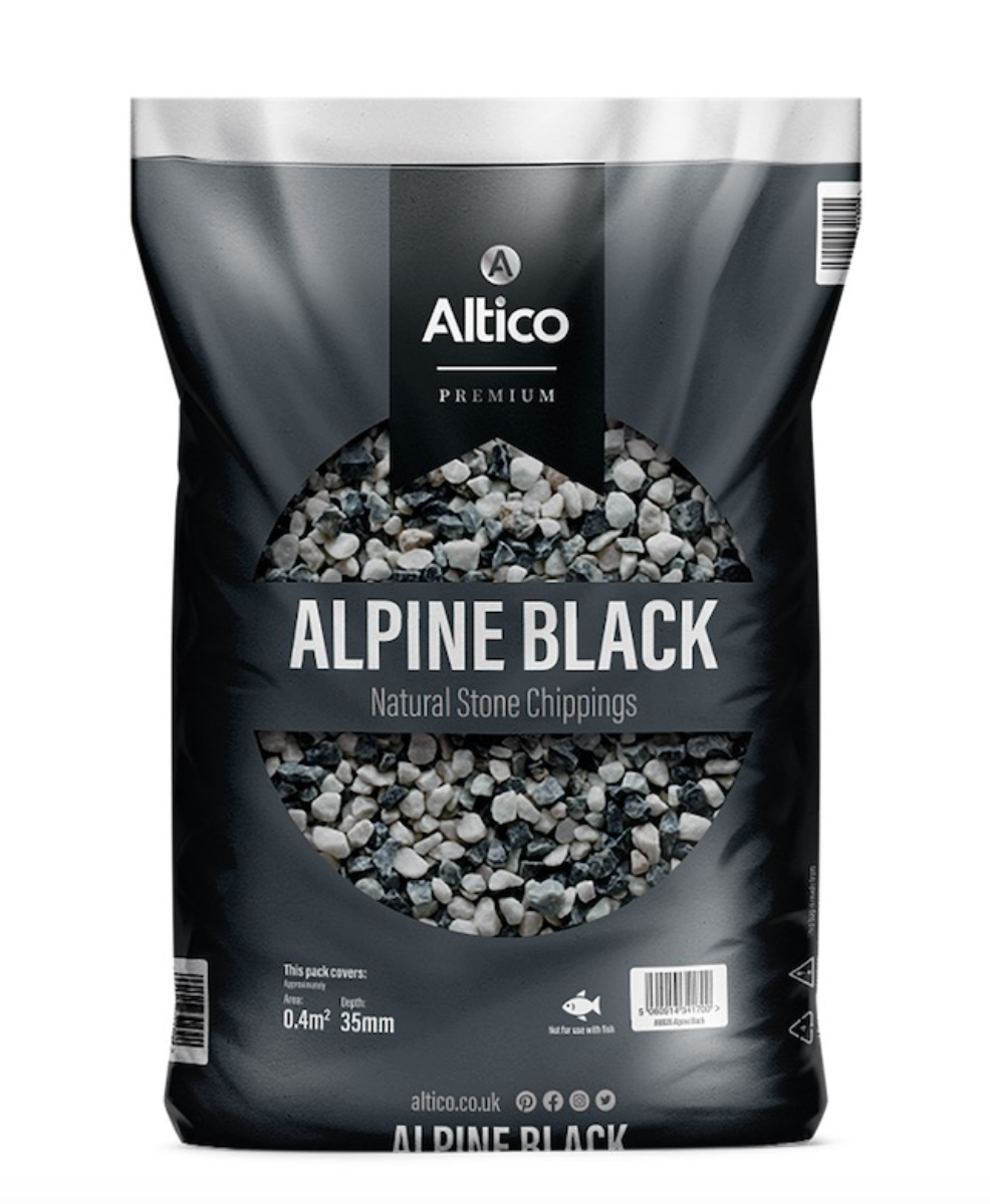 Alpine Black
12 - 25mm Cool Grey, Icy White and Black Basalt Gravel
