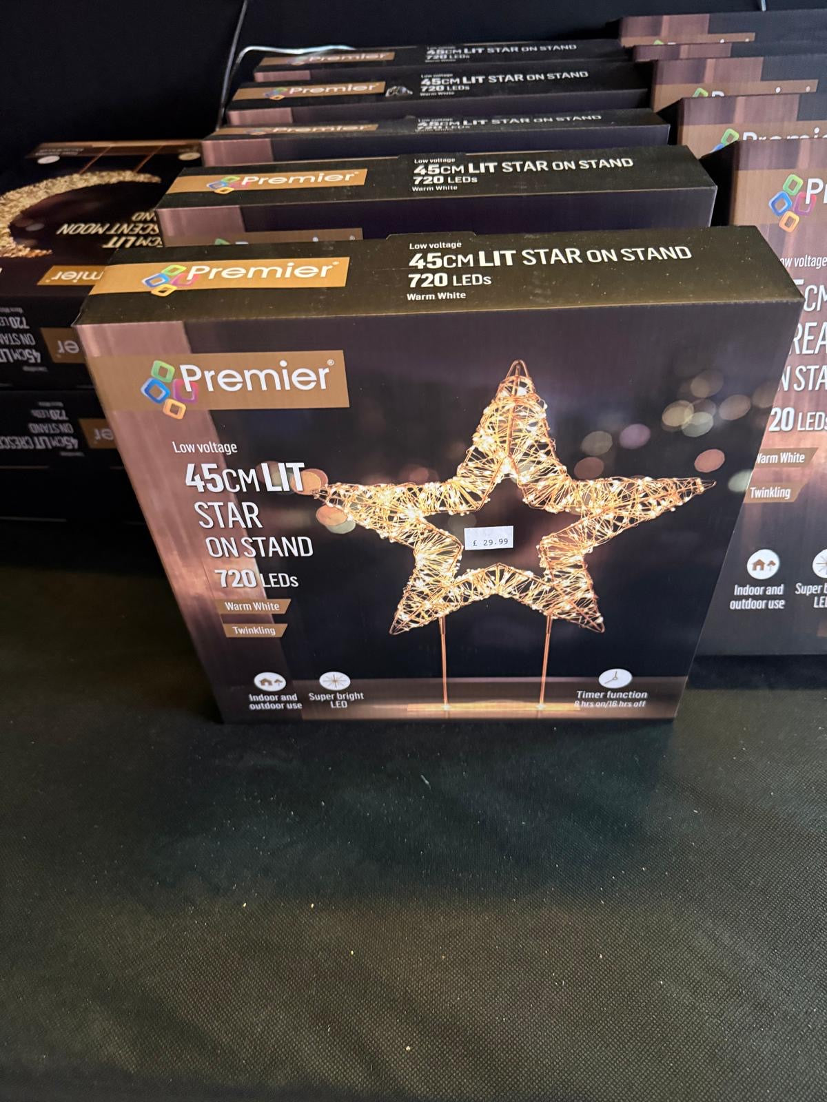 45cm Lit Star on Stand 720 LED's. Warm White. Timer function