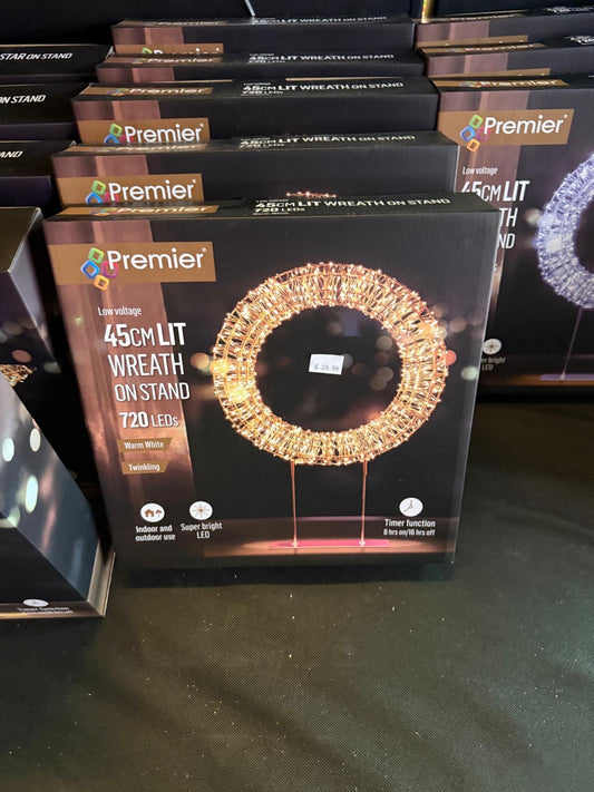 45cm Lit Wreath on stan 720 LED's. Warm White.