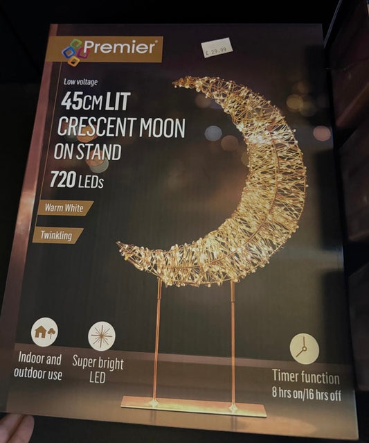 45cm Lit Crescent Moon on Stand. 720 LED's. Warm White.