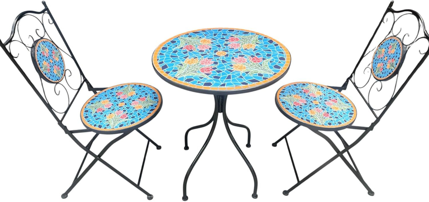 Blue Tulip Print Mosaic Metal Bistro Set