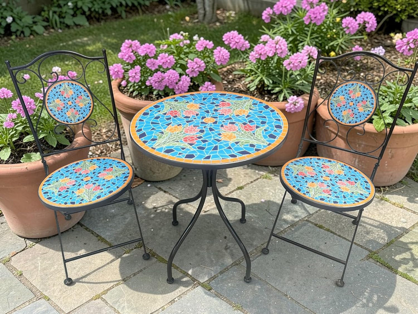 Blue Tulip Print Mosaic Metal Bistro Set