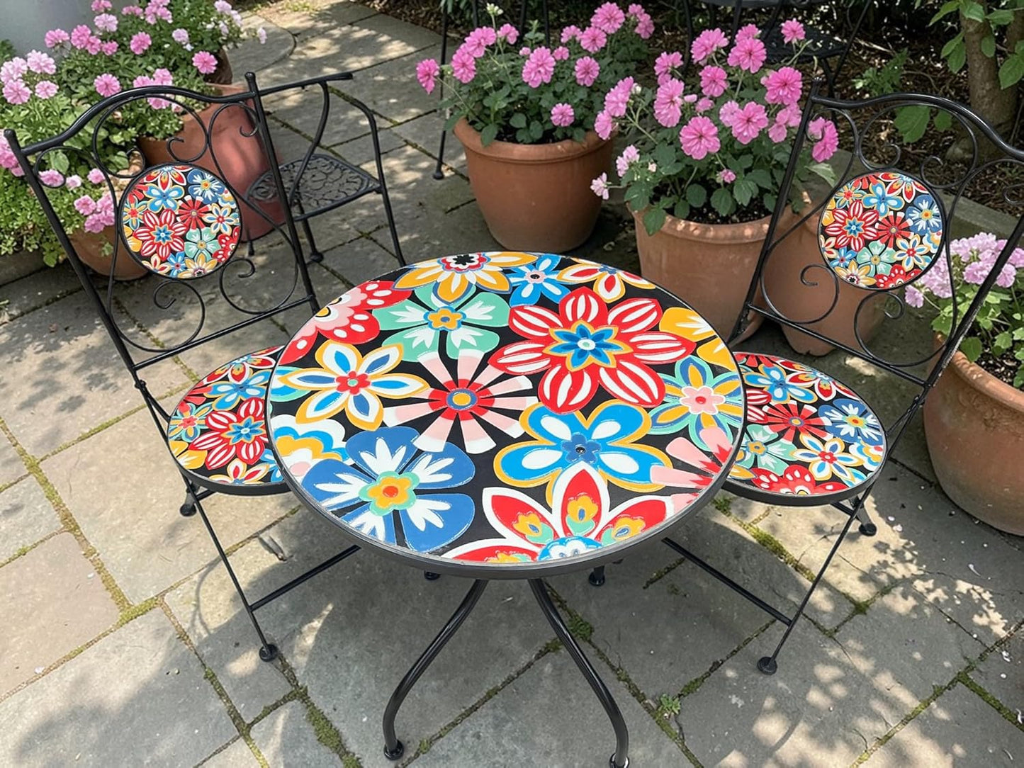 Bold Flower Print Mosaic Metal Bistro Set