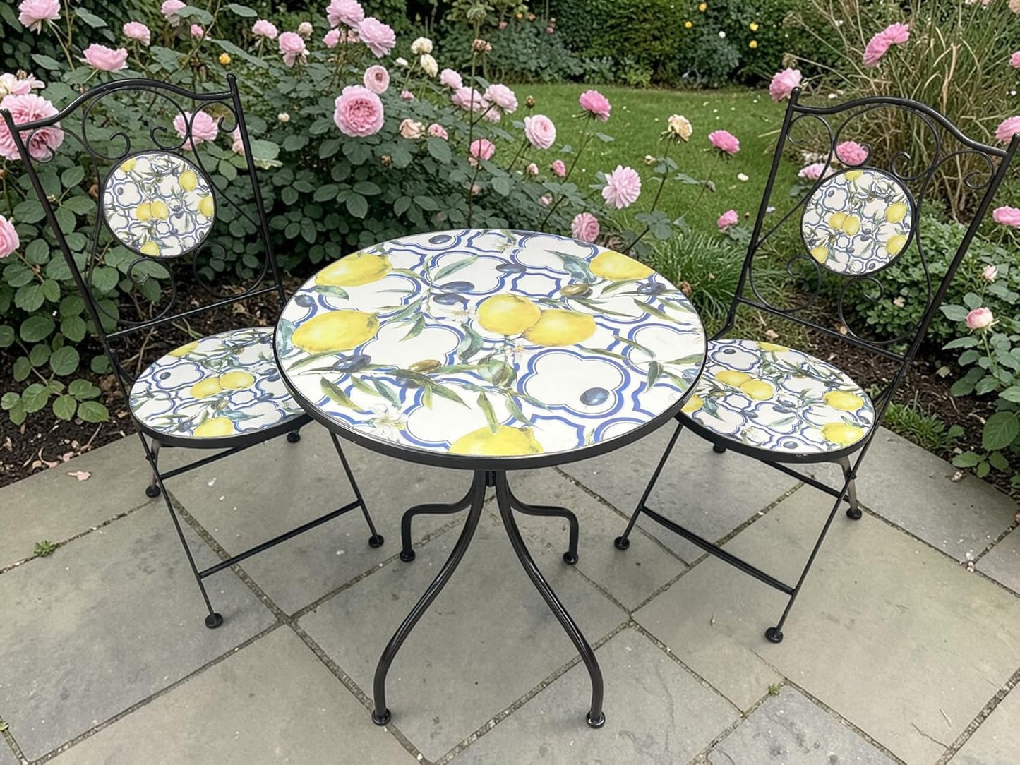 Lemon and Olive Print Mosaic Metal Bistro Set