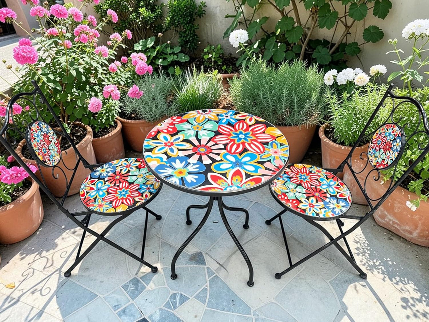 Bold Flower Print Mosaic Metal Bistro Set
