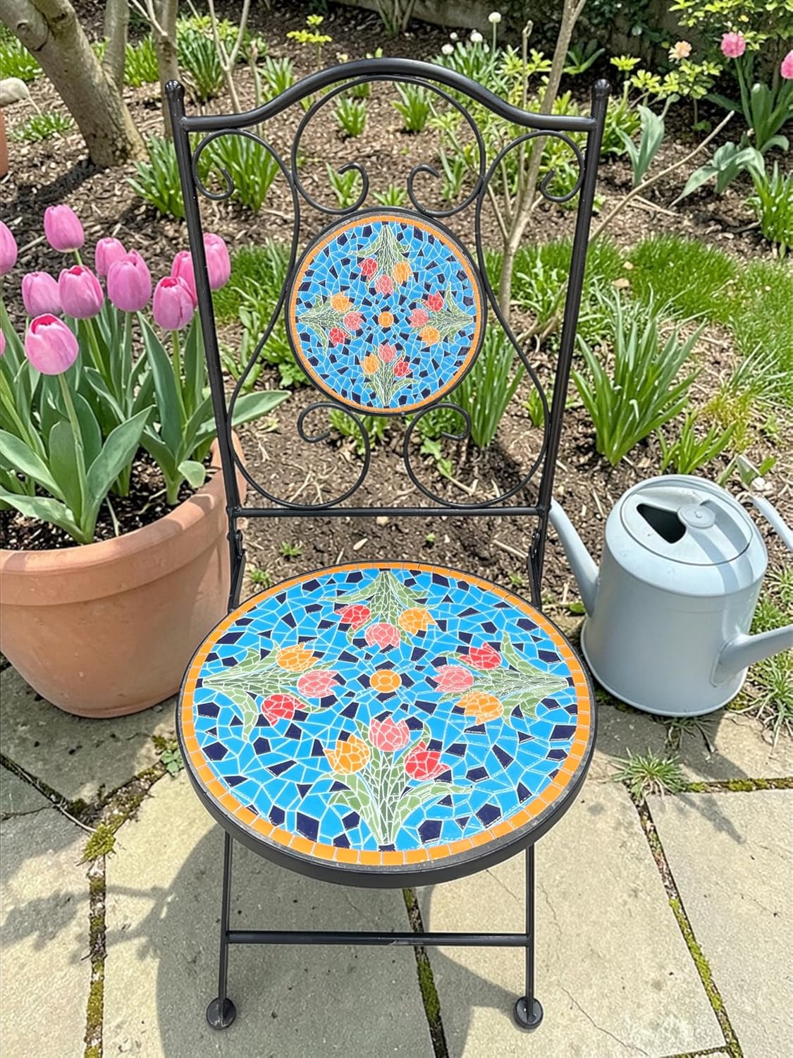 Blue Tulip Print Mosaic Metal Bistro Set