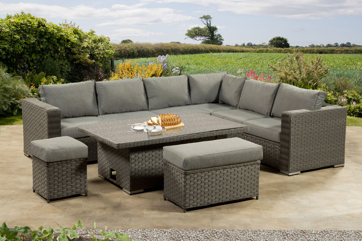 Cambridge Rattan Aluminium Corner Set with Height Adjustable Table - Grey