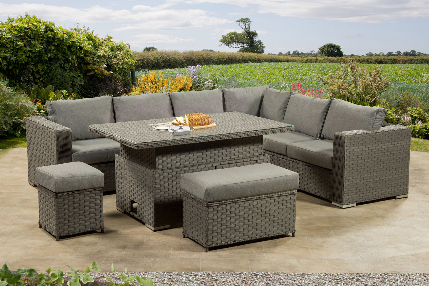 Cambridge Rattan Aluminium Corner Set with Height Adjustable Table - Grey