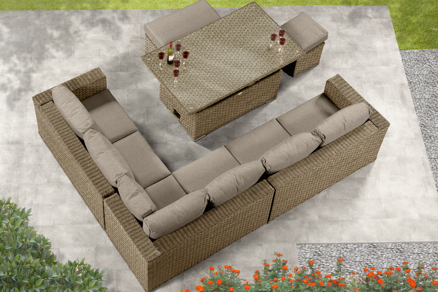 Cambridge Rattan Aluminium Corner Set with Height Adjustable Table - Natural