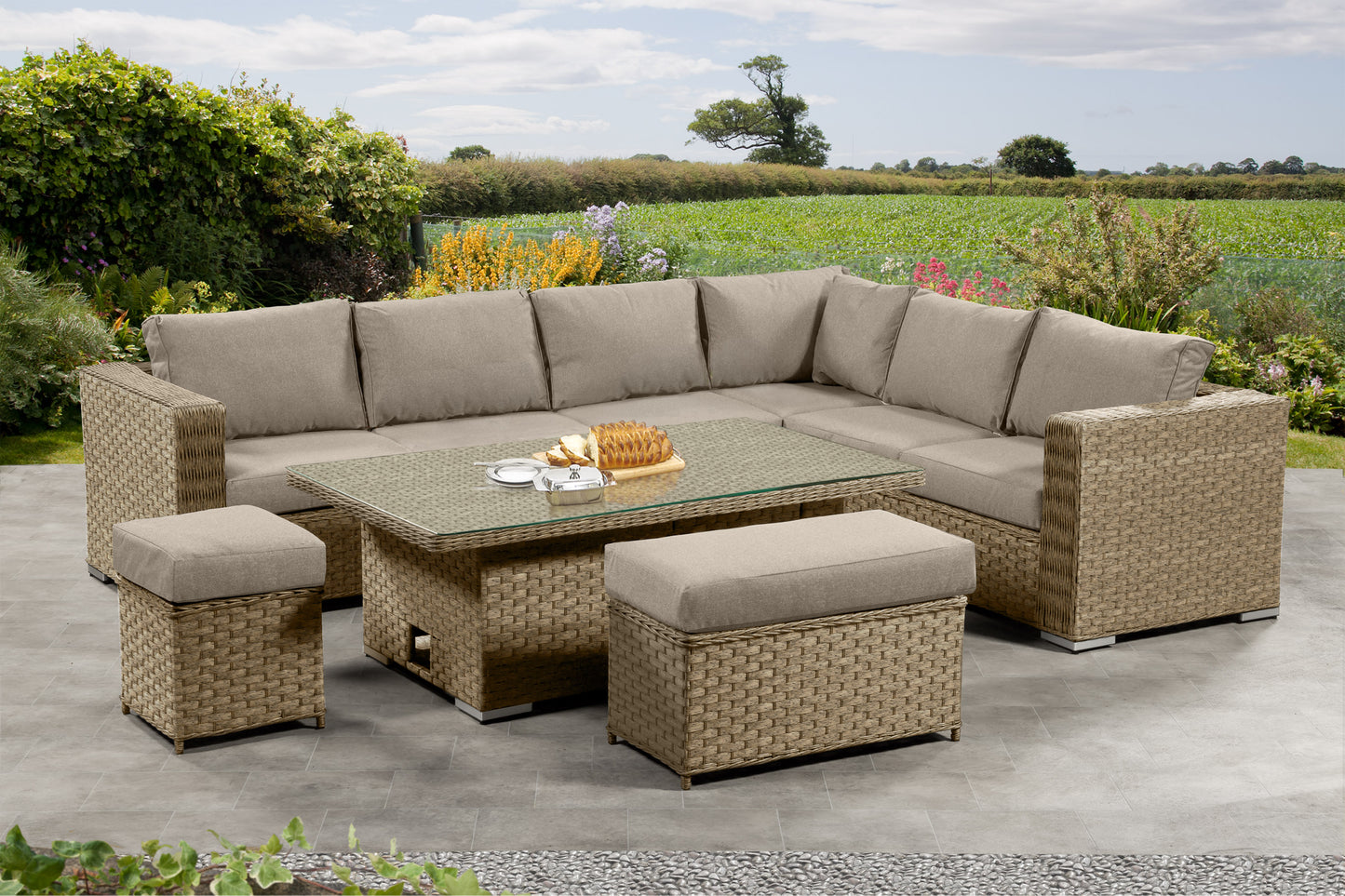 Cambridge Rattan Aluminium Corner Set with Height Adjustable Table - Natural