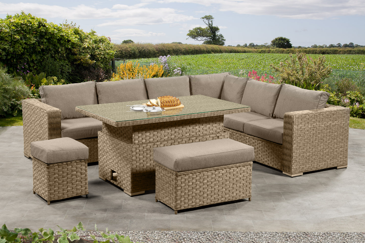 Cambridge Rattan Aluminium Corner Set with Height Adjustable Table - Natural