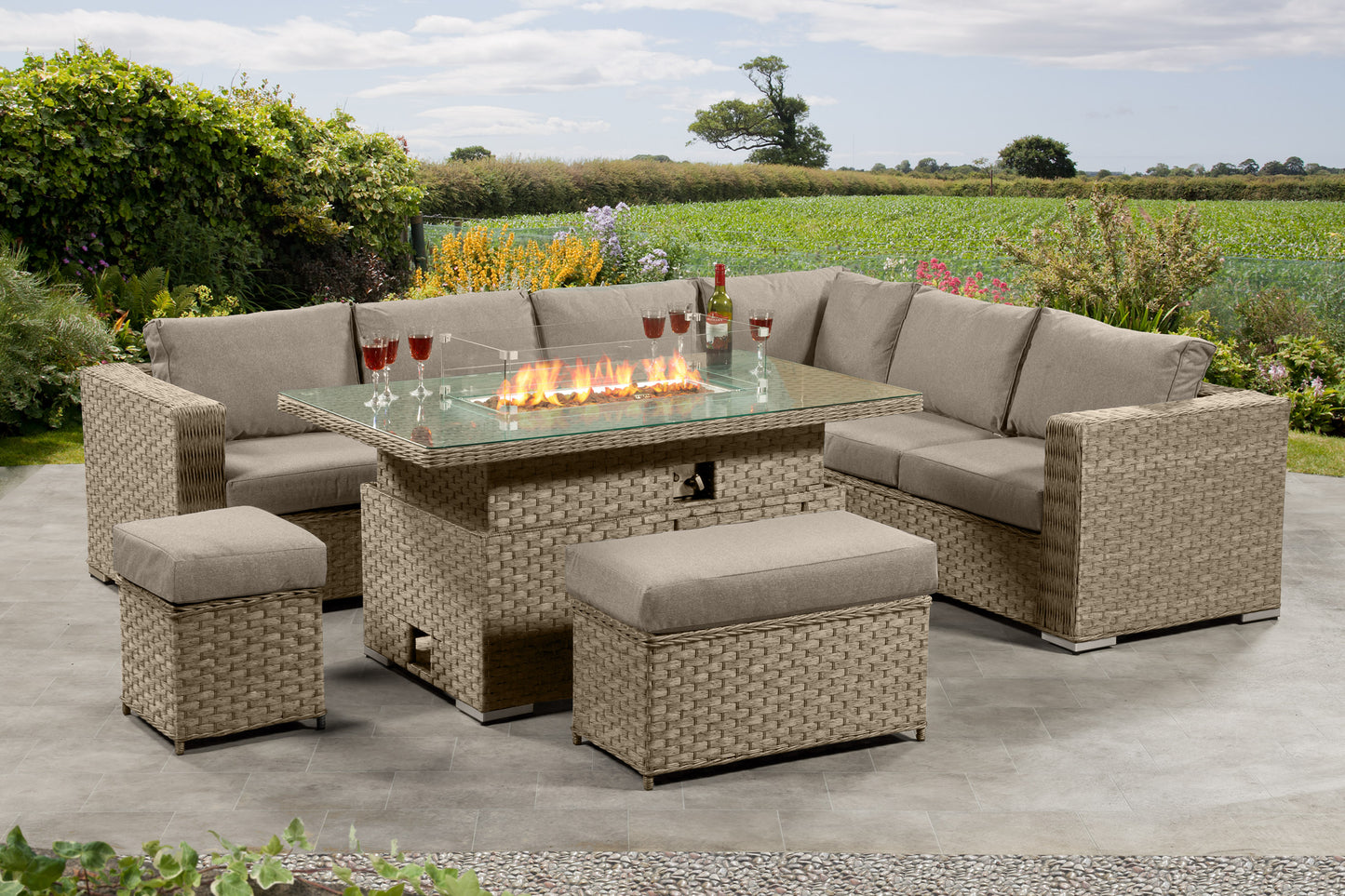 Cambridge Corner Fire Pit Set with Height Adjustable Table –  natural