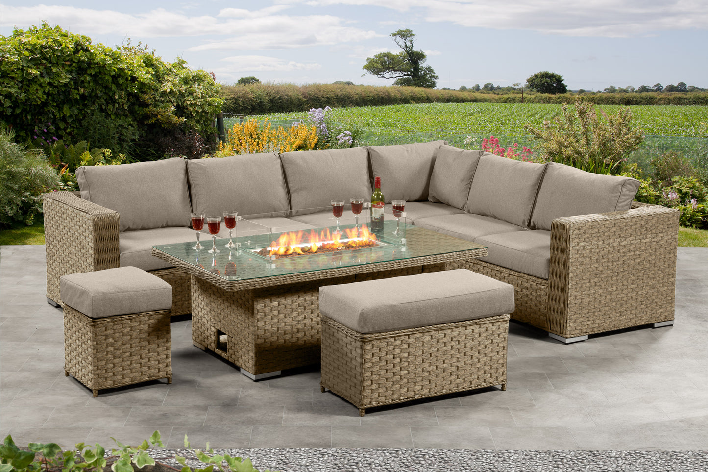 Cambridge Corner Fire Pit Set with Height Adjustable Table –  natural