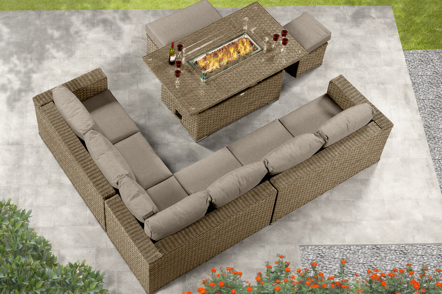 Cambridge Corner Fire Pit Set with Height Adjustable Table –  natural