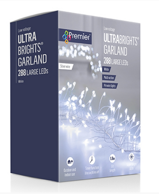 288 Multi Action White LED Silver wire, white lights UltraBrights Garland.&nbsp;
