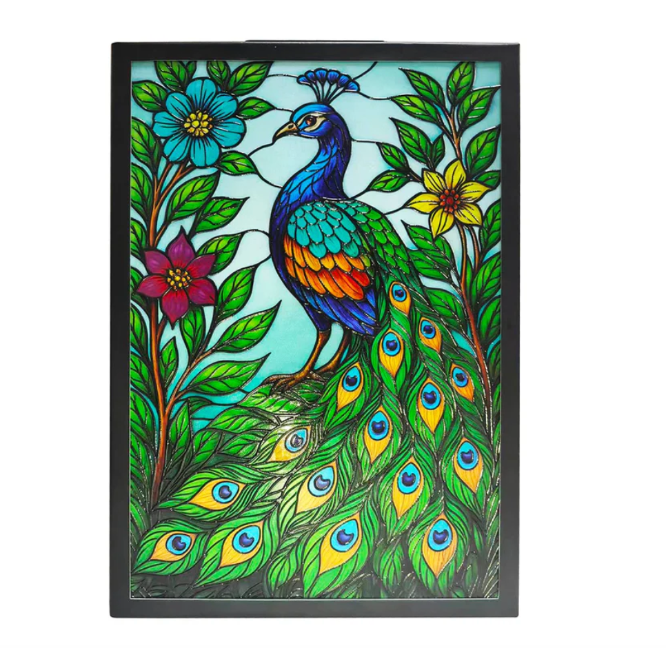 Backlit Solar Glass Wall Art- Peacock