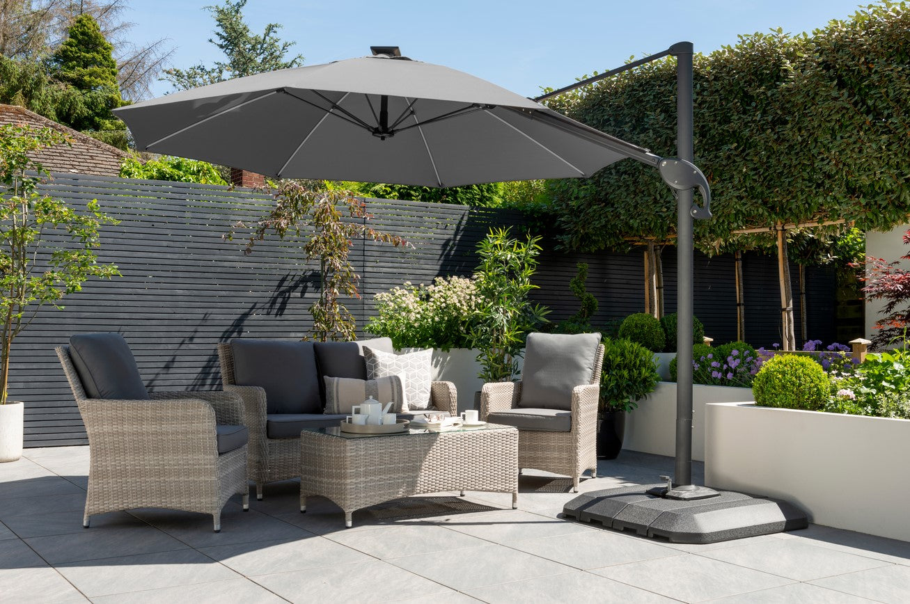 Luxury Cantilever Parasol. 3m Round. Solar Power warm white Led lights. Water Filled Base - Grey